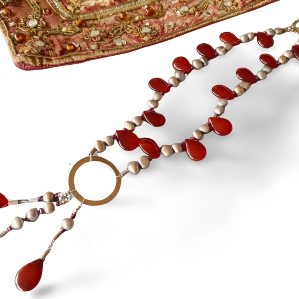 Silver Taupe Grey Freshwater Pearl & Amber Boho Necklace